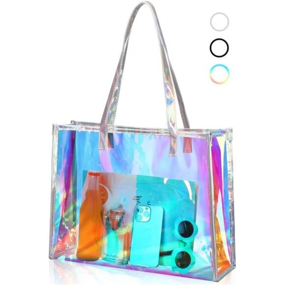 Holographic Clear Tote Bag with Leather Handle Iridescent Bachelorette - Picture 1 of 6